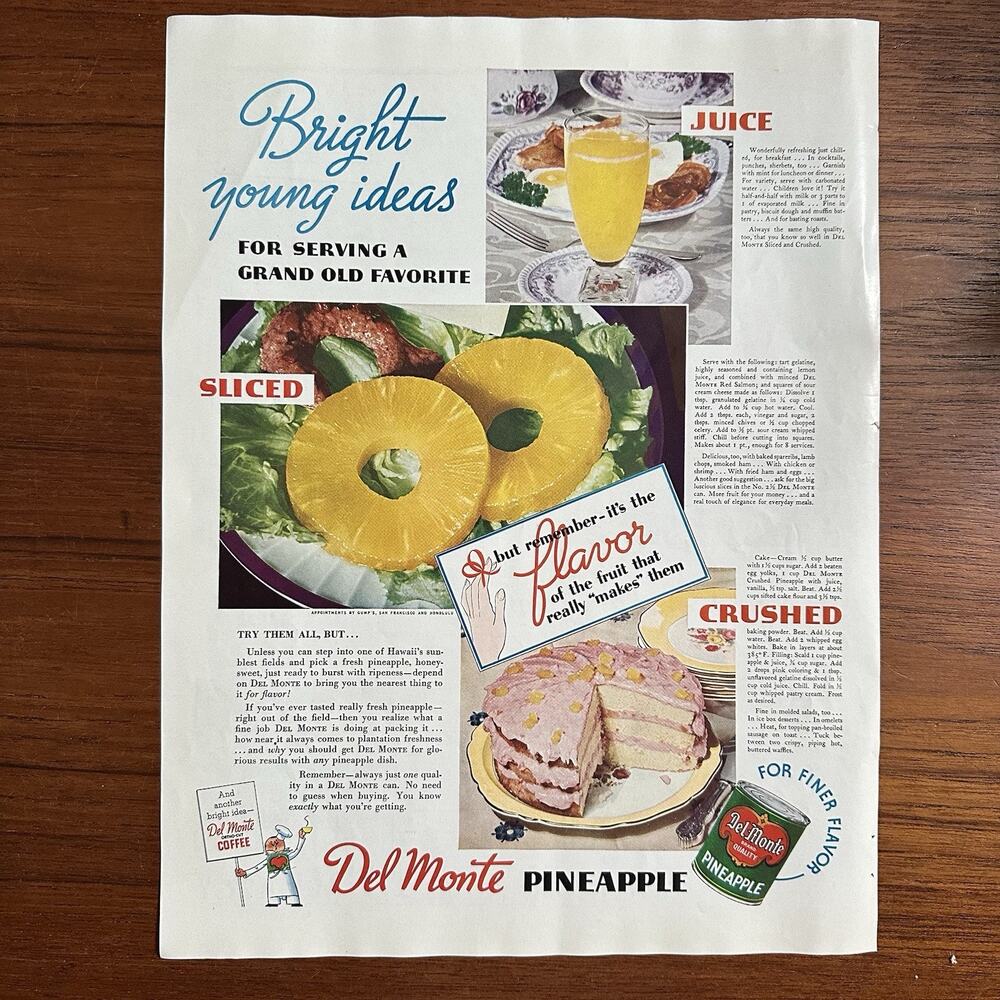 Print Ad 1935 Del Monte Pineapple Juice Sliced Crushed Bright Young Ideas